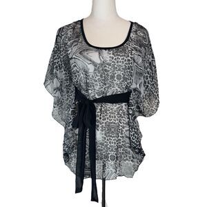 Vintage Y2K Sheer Top Size 1X Black Ruffle Tie Front Whimsigoth Fairy Grunge